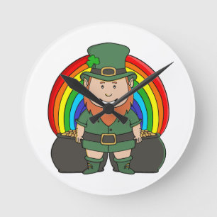 Lucky Leprechaun with Rainbow Pot of Gold Round Clock