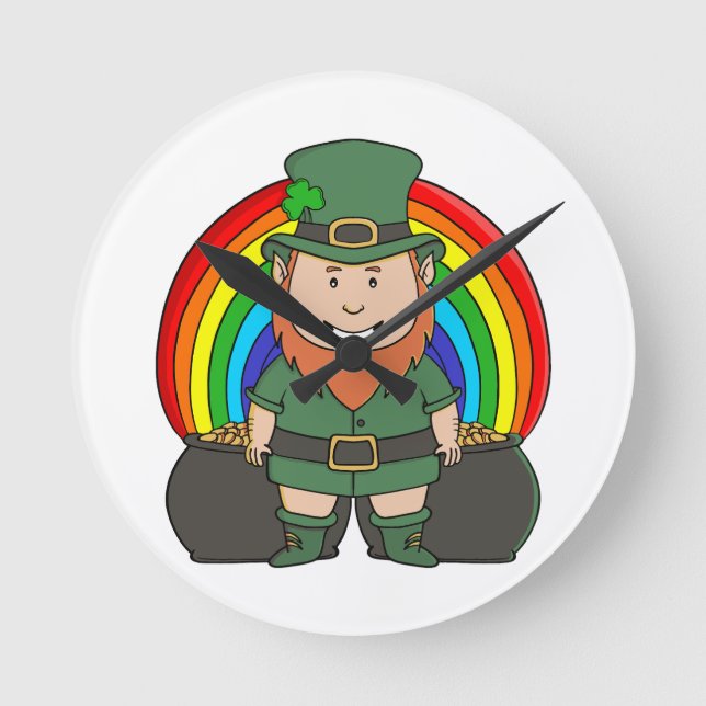 Lucky Leprechaun with Rainbow Pot of Gold Round Clock (Front)