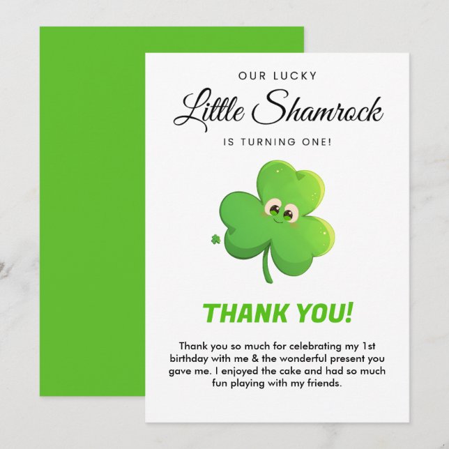 Lucky Little Shamrock 1st Birthday Thank You Card  (Front/Back)