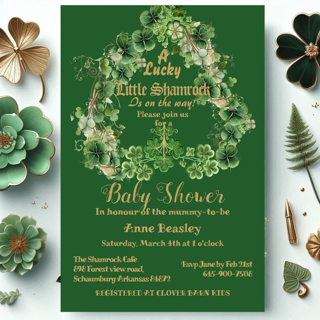 Lucky Little Shamrock Green Gold Leaf Baby Shower  Invitation (Lucky Little Shamrock Green Gold Leaf Baby Shower Invitation)