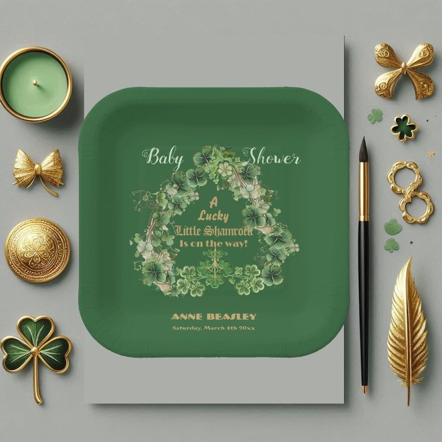 Lucky Little Shamrock Green Gold Leaf Baby Shower  Paper Plate (Lucky Little Shamrock Green Gold Leaf Baby Shower Paper Plates)