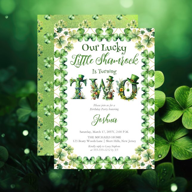 Lucky Little Shamrock Irish 2nd Birthday Party Invitation ("Our Lucky Little Shamrock" St. Patrick's Day-Themed "TWO" 2nd Birthday Party Invitation )