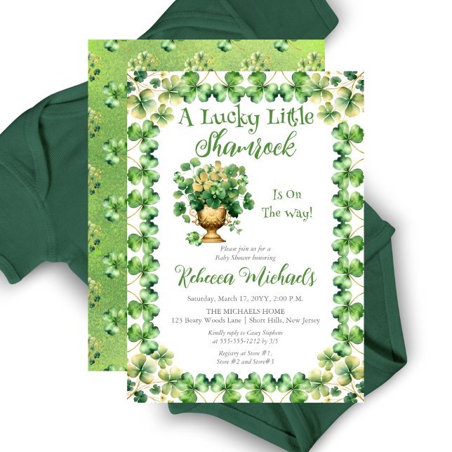 Lucky Little Shamrock St. Patrick's Baby Shower Invitation ("A Lucky Little Shamrock" St. Patrick's Day-Themed Baby Shower Invite -Gold Pot with Shamrocks )