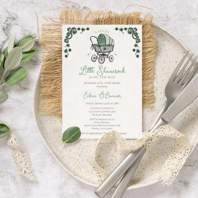 Lucky Little Shamrock St Patricks Baby Shower Invitation (Elegant Green White Irish St Patrick's Day Baby Shower Vintage Baby Carriage, Lucky Green Shamrocks.)