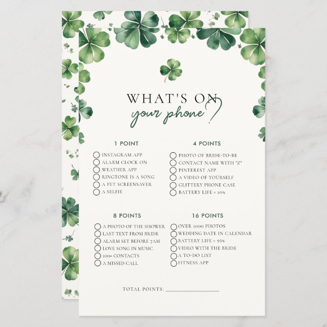 Lucky Love What On Your Phone Bridal Shower Game (Front/Back)