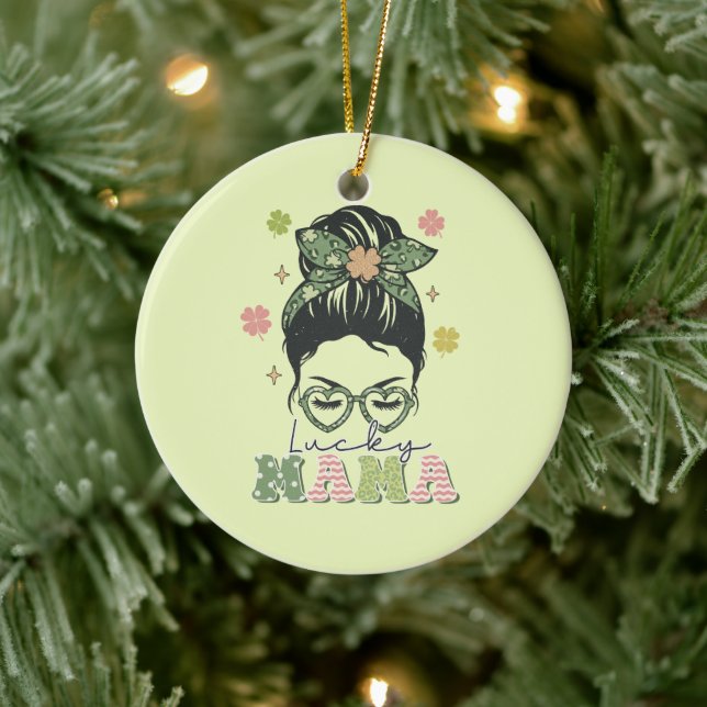 Lucky Mama - Messy Bun - Clover St. Patrick’s Ceramic Ornament (Tree)