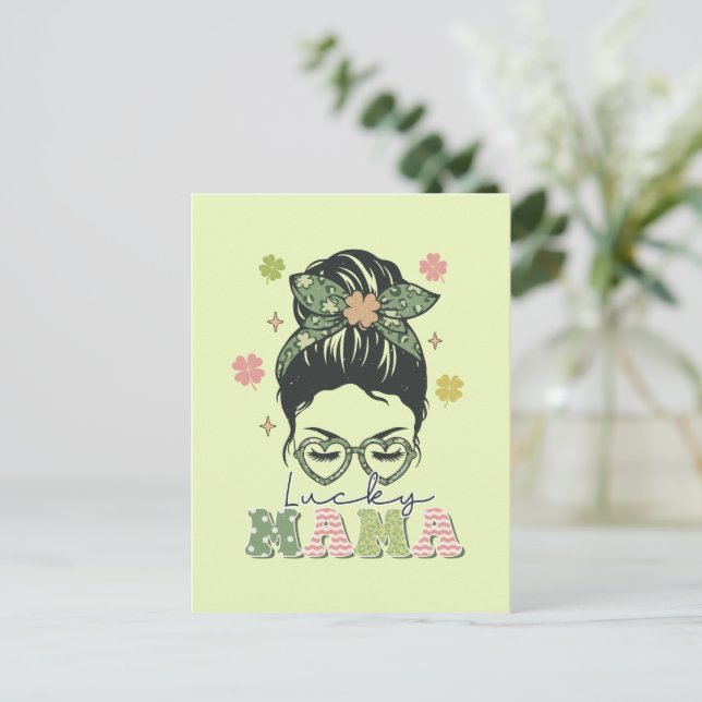 Lucky Mama - Messy Bun - Clover St. Patrick’s Postcard (Standing Front)