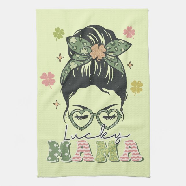 Lucky Mama - Messy Bun - Clover St. Patrick’s Tea Towel (Vertical)