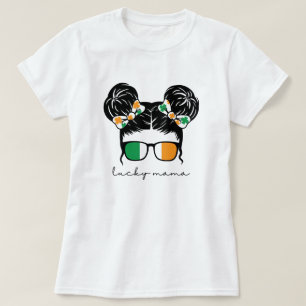 Lucky Mama Messy Bun With Clover St Patrick's Day T-Shirt