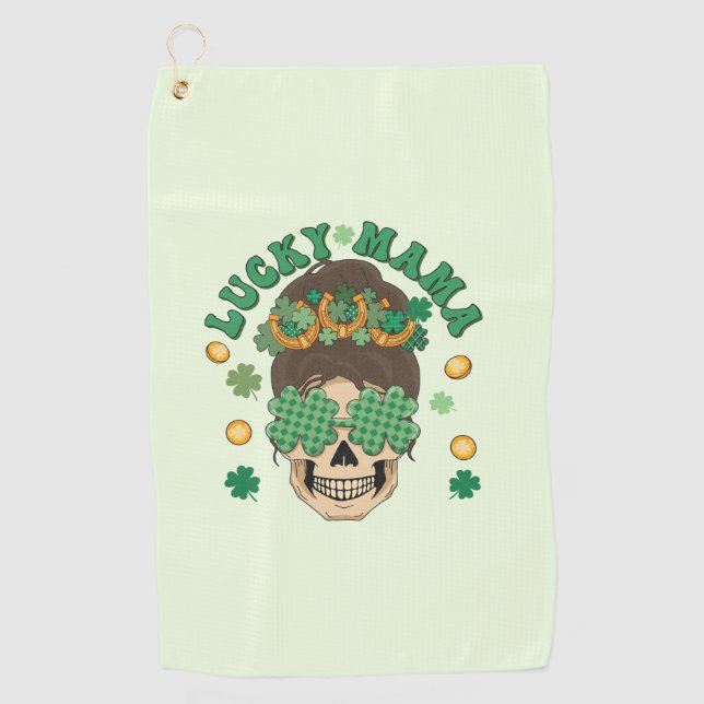 Lucky Mama Skeleton with Clovers and Horseshoes Golf Towel (Front)
