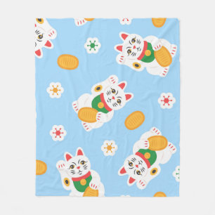 Lucky Maneki Neko Pattern Cute Japanese Fortune Fleece Blanket