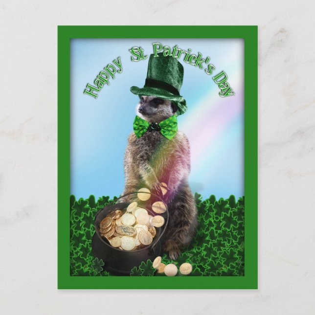 Lucky Meerkat with Pot Of Gold St. Patrick's Day Postcard (Front)