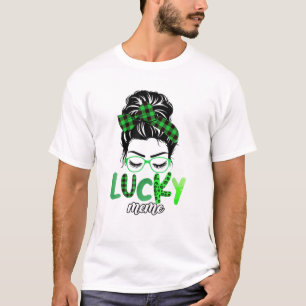 Lucky Meme Leopard Plaid Messy Bun Irish St Patric T-Shirt