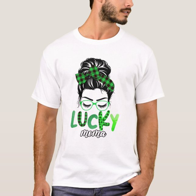 Lucky Moma Leopard Plaid Messy Bun Irish St Patric T-Shirt (Front)