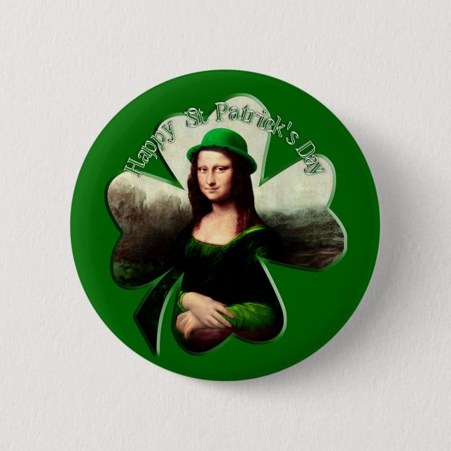 Lucky Mona Lisa St Patrick's Day Shamrock 6 Cm Round Badge (Front)