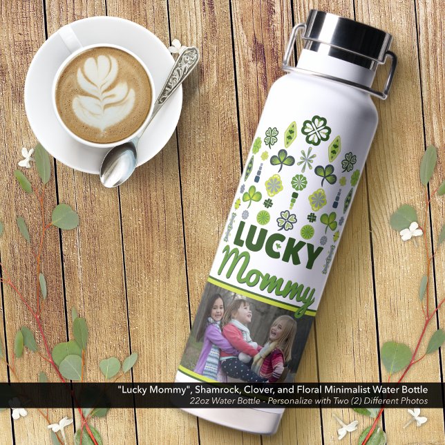 "Lucky Mummy" Shamrock Clover Floral Photo Water Bottle ("Lucky Mommy" Shamrock, Clover, and Floral Water Bottle: Personalize with Two (2) Photos.)