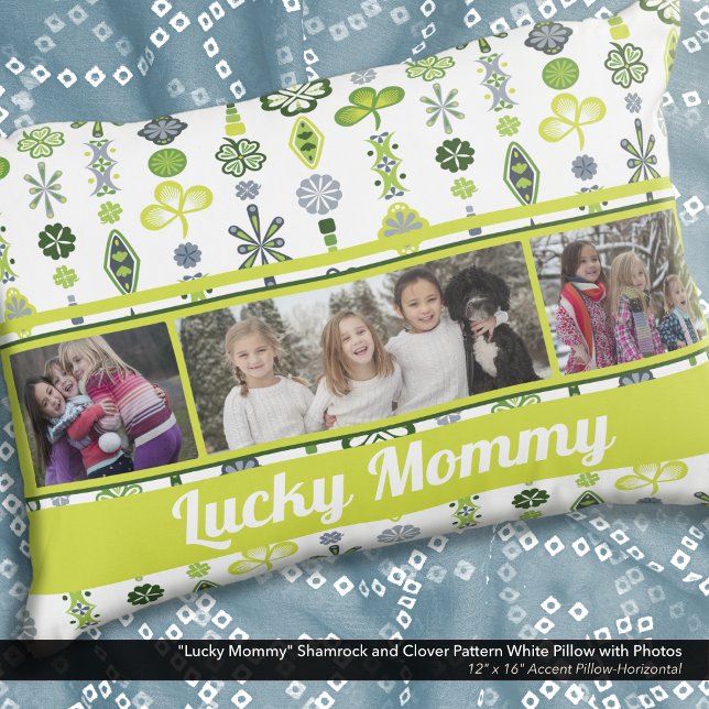 "Lucky Mummy" Shamrock Clover Pattern Photo Decorative Cushion ("Lucky Mommy" Shamrock and Clover Pattern Pillow: Personalize with six different photos)