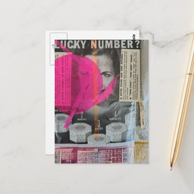 Lucky Number lady Mixed media collage Postcard (Front/Back In Situ)