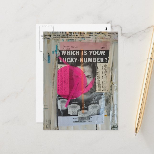 Lucky Number Mixed media collage Postcard (Front/Back In Situ)