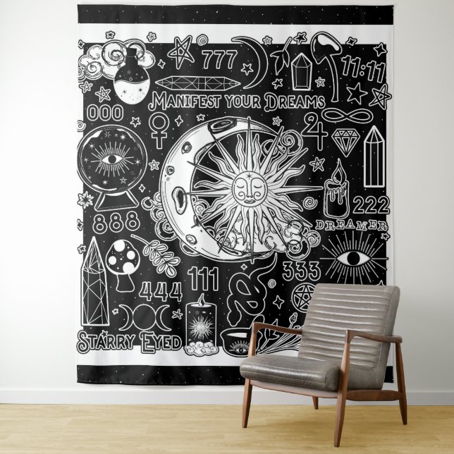 Lucky Numerology Manifesting Magic Black & White  Tapestry (In Situ)