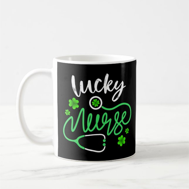 Lucky Nurse RN - Funny Saint Patricks Day Shamrock Coffee Mug (Left)