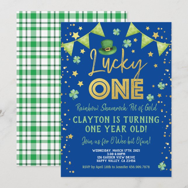 Lucky One Boy First 1st Birthday St Patrick's Day Invitation (Front/Back)