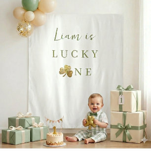 Lucky One Boy First Birthday Photo Backdrop - Sage Tapestry