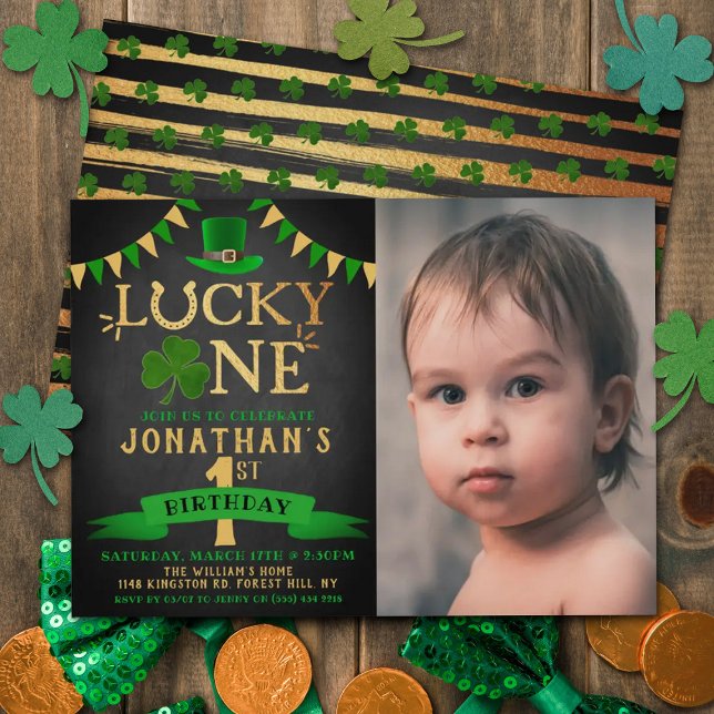 Lucky One Chalkboard Photo 1st Birthday Invitation (Creator Uploaded)