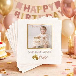 Lucky One First Birthday Girl Photo Napkins