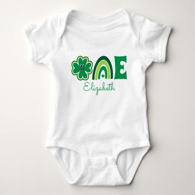 Lucky One First Birthday Name Rainbow and Shamrock Baby Bodysuit (Front)
