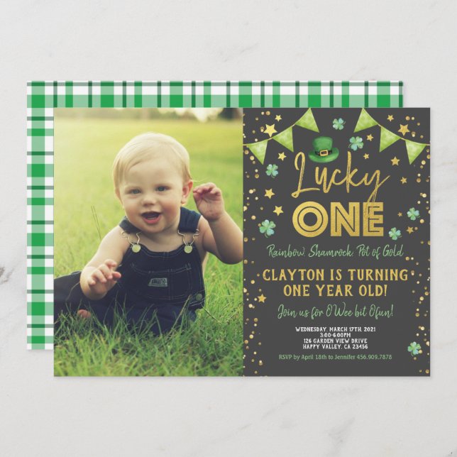 Lucky One First Birthday St Patrick's Day Photo Invitation (Front/Back)