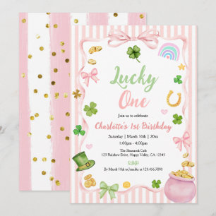 Lucky One Girl 1st Birthday Invitation Pink Gold