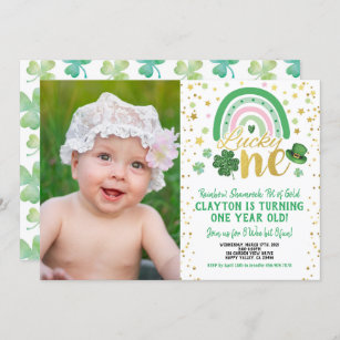 Lucky One Girl First Birthday St Patrick's Photo Invitation