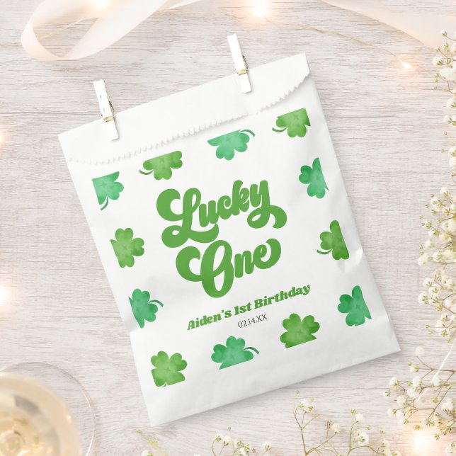 Lucky One Green Shamrock Clover 1st Birthday Party Favour Bag (Clipped)