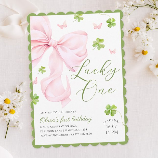 Lucky One Pink Bow 1st Birthday Invitation (Creator Uploaded)