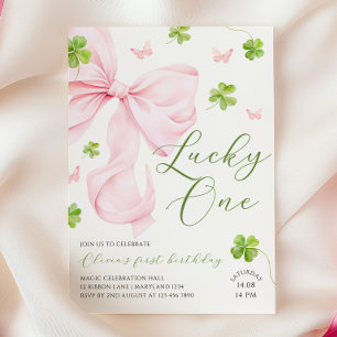 Lucky One Pink Bow 1st Birthday Invitation