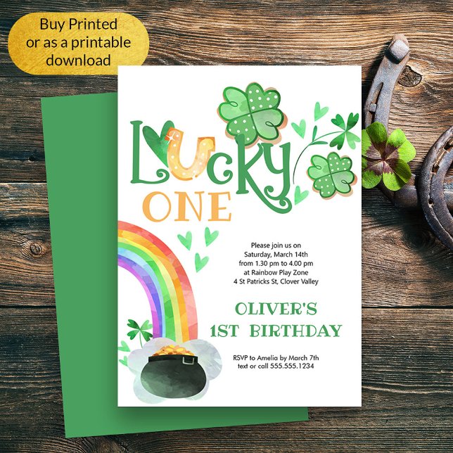 Lucky One Rainbow Shamrock Horseshoe Birthday Invitation (Lucky One First Birthday Irish Themed Invitation)