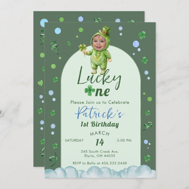Lucky One St Patrick Boy with Photo Birthday Invitation (Front/Back)