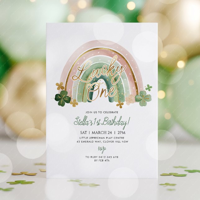 Lucky One! St Patrick's Day 1st Birthday Rainbow Invitation (Lucky One! St Patricks day 1st birthday invitation with cute rainbow and shamrocks with gold detail)