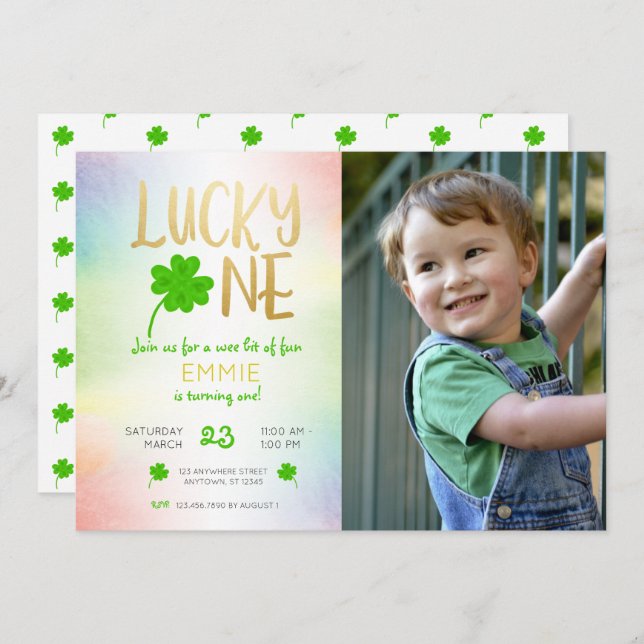 Lucky One St. Patricks Day Shamrock Photo Birthday Invitation (Front/Back)