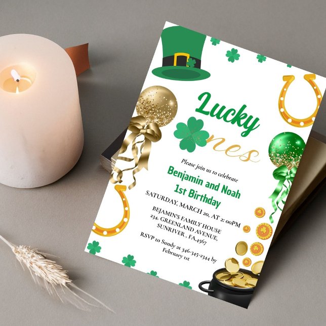 Lucky One Twin  1st Birthday St Patrick's Day Boy  Invitation (Creator Uploaded)
