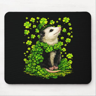 Lucky opossum with shamrocks clovers st patricks mouse pad