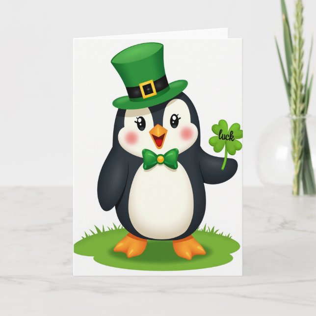 Lucky Penguin Green Top Hat Card (Front)