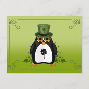 Lucky Penguin Shamrock on Lime Green Gradient Postcard