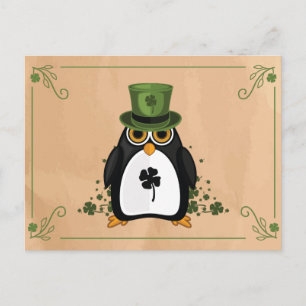 Lucky Penguin Shamrock on Rustic Brown Paper Postcard
