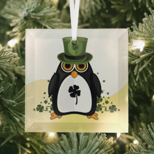Lucky Penguin St. Patrick's Day Irish Clover Glass Tree Decoration