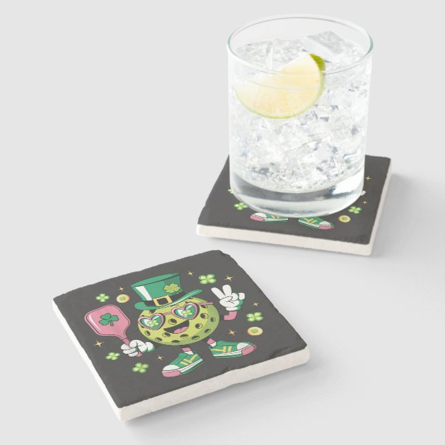 Lucky Pickleball Hat Irish Shamrock Stone Coaster (Side)