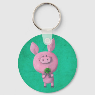 Lucky pig with lucky four leaf clover key ring