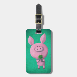 Lucky pig with lucky four leaf clover luggage tag