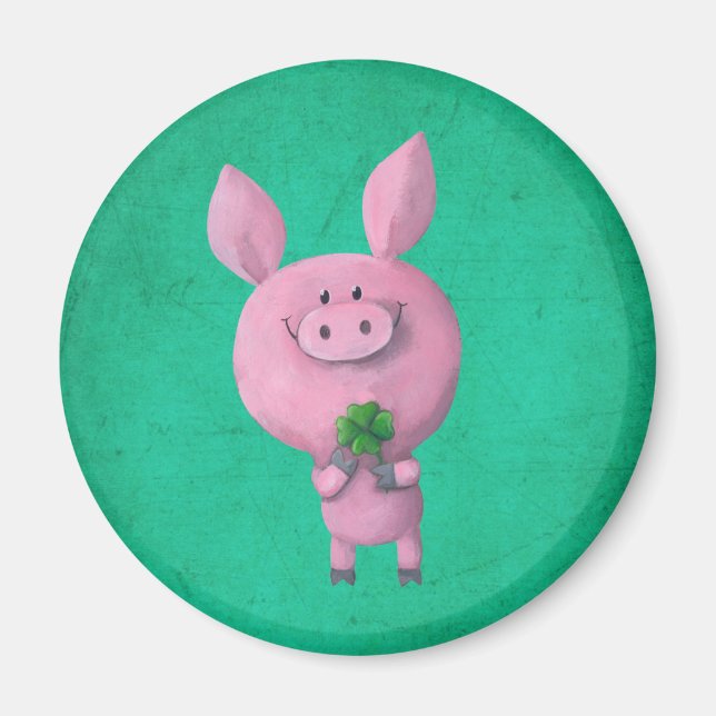 Lucky pig with lucky four leaf clover magnet (Front)